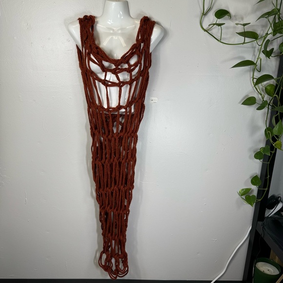 custom hand knit knotted rust red net dress sleeveless scoop neck high low artsy - Picture 14 of 15